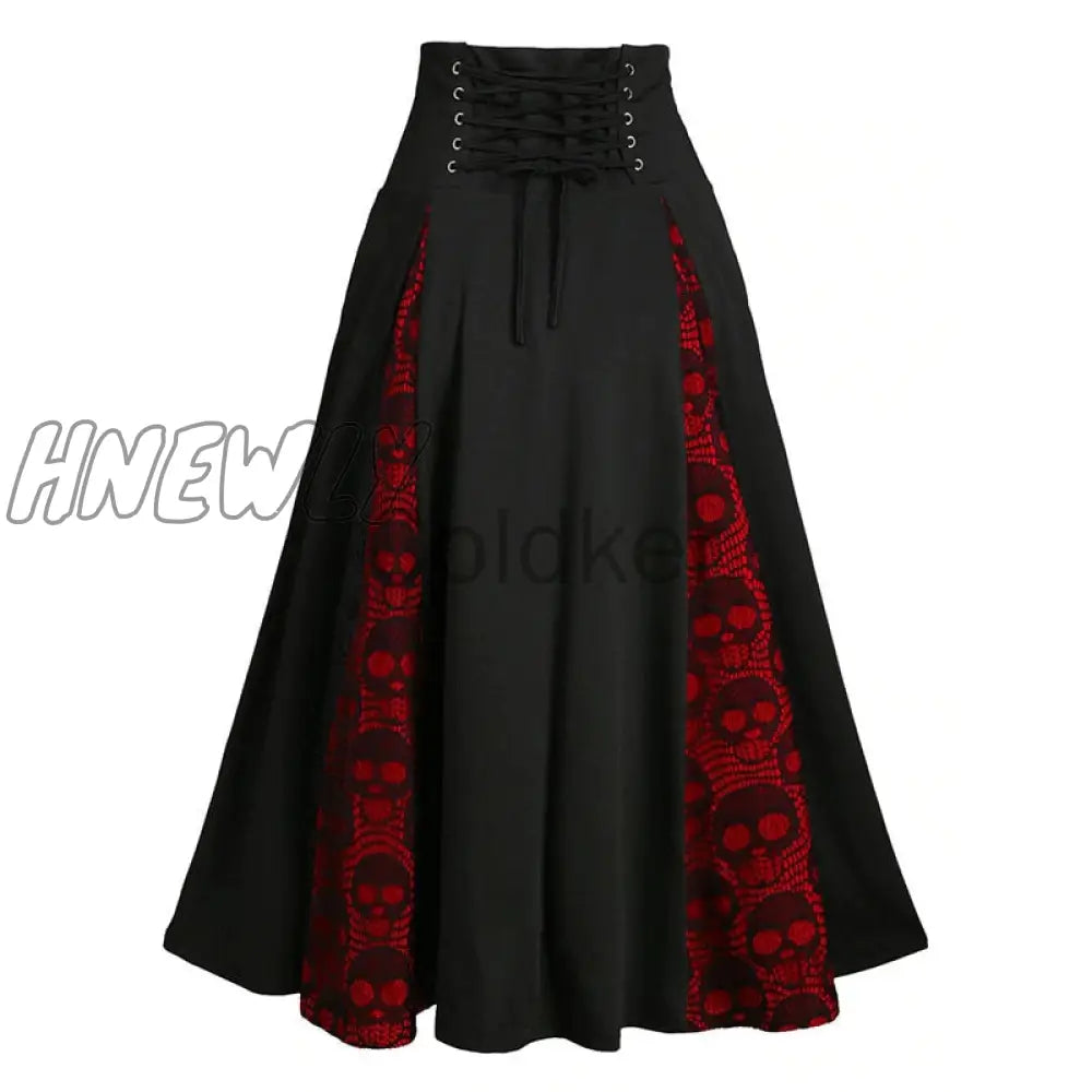 Hnewly Women Vintage Lace-Up Skirts Skull Lace Stitching Buttons Big Swing Skirt Female Halloween