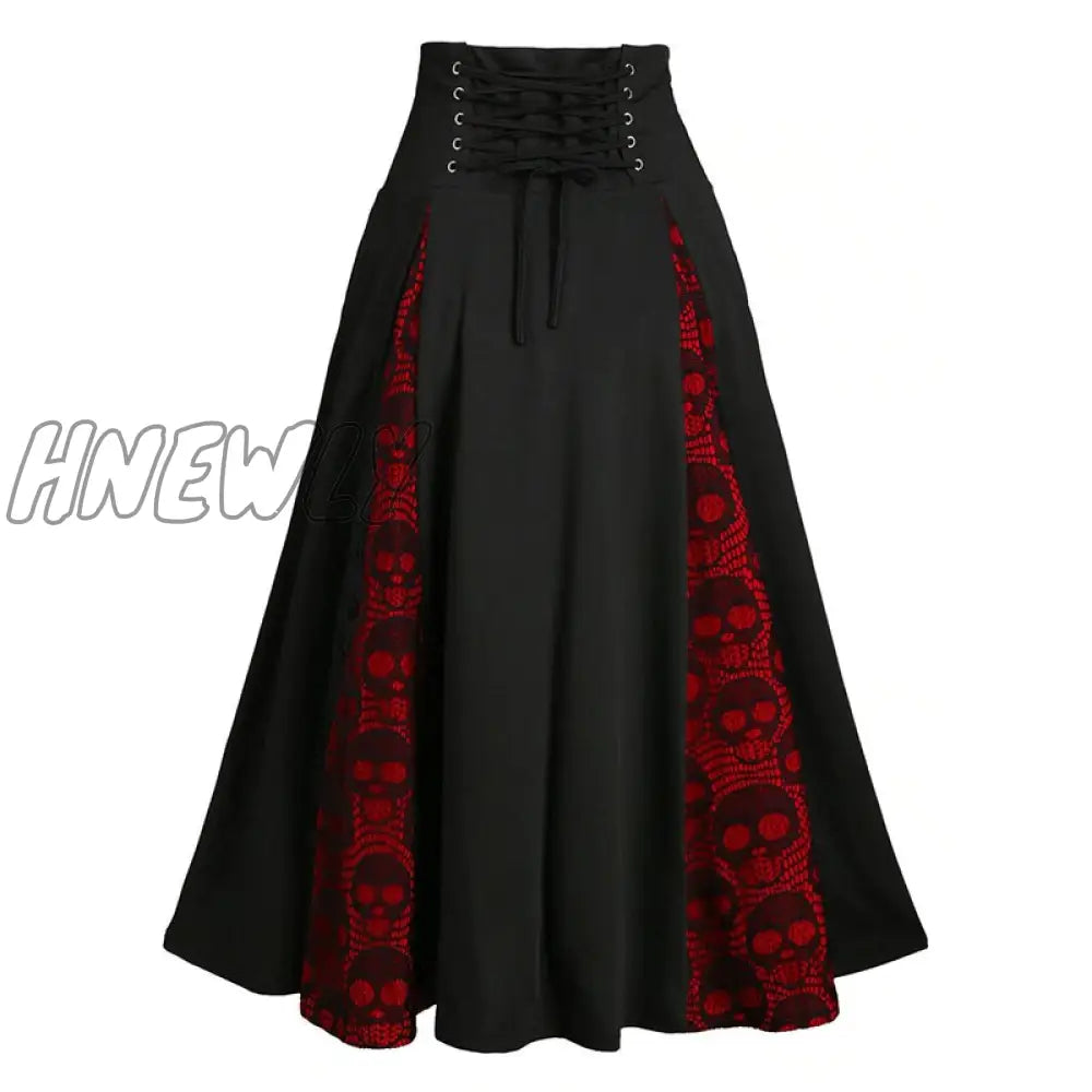 Hnewly Women Vintage Lace-Up Skirts Skull Lace Stitching Buttons Big Swing Skirt Female Halloween