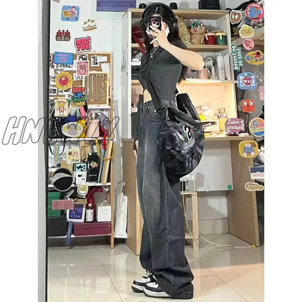 Hnewly Women Vintage Streetwear Black Baggy Korean Jeans High Waiste Oversize Wide Leg Pants Grunge