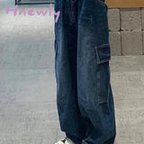 Hnewly Women Vintage Y2K Streetwear Baggy Cargo Jeans High Waisted Straight Wide Leg Pants Denim