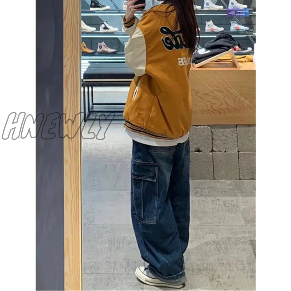 Hnewly Women Vintage Y2K Streetwear Baggy Cargo Jeans High Waisted Straight Wide Leg Pants Denim