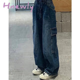 Hnewly Women Vintage Y2K Streetwear Baggy Cargo Jeans High Waisted Straight Wide Leg Pants Denim Trousers Fairy Grunge Alt Clothes