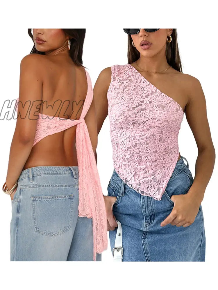 Hnewly Women White Lace Vest Sleeveless One-Shoulder Sexy Black Fashion Backless Casual Chic