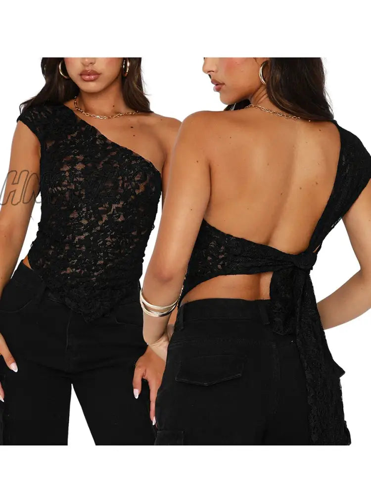 Hnewly Women White Lace Vest Sleeveless One-Shoulder Sexy Black Fashion Backless Casual Chic