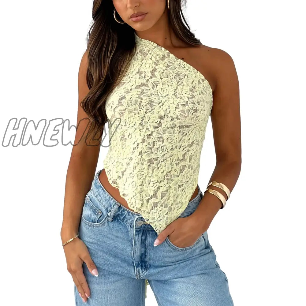 Hnewly Women White Lace Vest Sleeveless One-Shoulder Sexy Black Fashion Backless Casual Chic