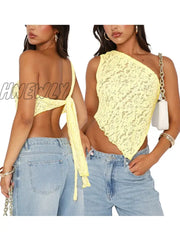 Hnewly Women White Lace Vest Sleeveless One-Shoulder Sexy Black Fashion Backless Casual Chic