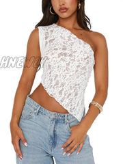 Hnewly Women White Lace Vest Sleeveless One-Shoulder Sexy Black Fashion Backless Casual Chic