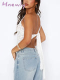 Hnewly Women White Lace Vest Sleeveless One-Shoulder Sexy Black Fashion Backless Casual Chic