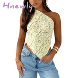 Hnewly Women White Lace Vest Sleeveless One-Shoulder Sexy Black Fashion Backless Casual Chic