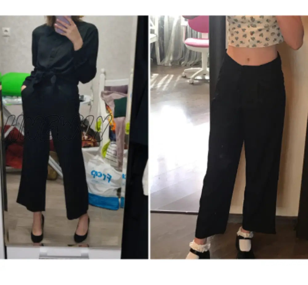 Hnewly Women Wide Leg Pants Summer Thin Fabric High Waist Pockets Button Fly Long Trousers Casual