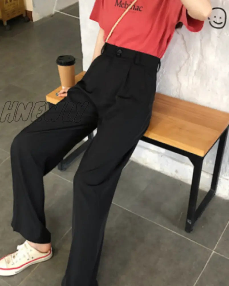 Hnewly Women Wide Leg Pants Summer Thin Fabric High Waist Pockets Button Fly Long Trousers Casual