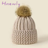 Hnewly Women Winter Solid Knitted Hat Casual Brimless Big Fur Pompom For Females Warm Fashion
