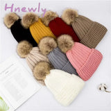 Hnewly Women Winter Solid Knitted Hat Casual Brimless Big Fur Pompom Hat for Females Winter Warm Fashion Leisure Ladies Caps