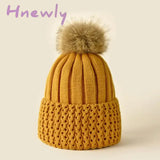 Hnewly Women Winter Solid Knitted Hat Casual Brimless Big Fur Pompom For Females Warm Fashion