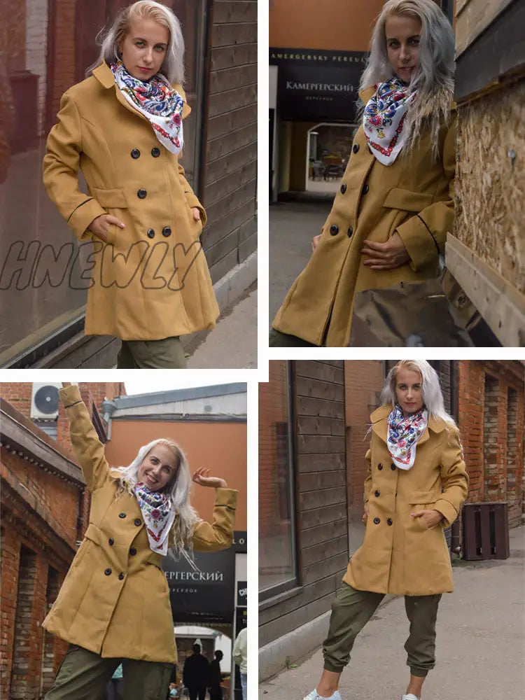 Hnewly Women Wool Blend Warm Long Coat Autumn Winter Plus Size Female Slim Fit Lapel Woolen
