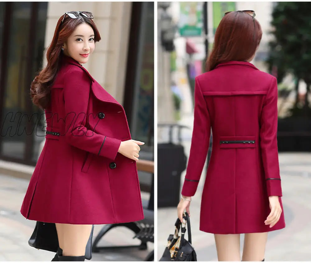 Hnewly Women Wool Blend Warm Long Coat Autumn Winter Plus Size Female Slim Fit Lapel Woolen