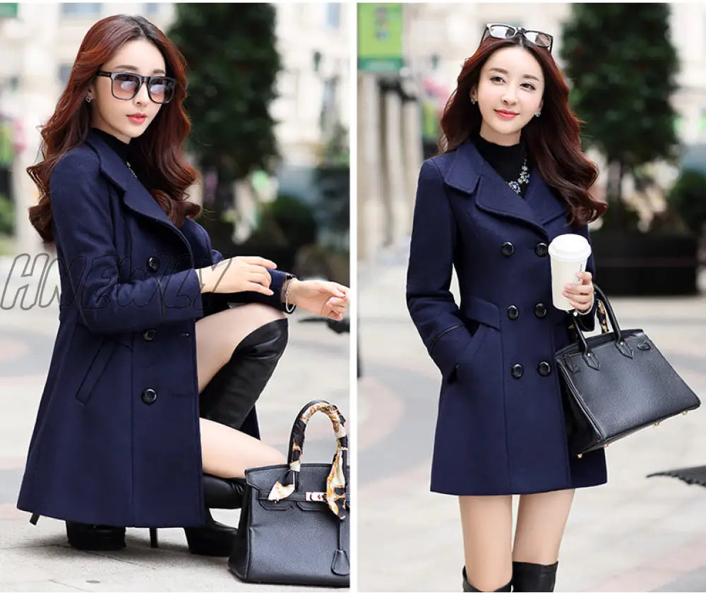 Hnewly Women Wool Blend Warm Long Coat Autumn Winter Plus Size Female Slim Fit Lapel Woolen