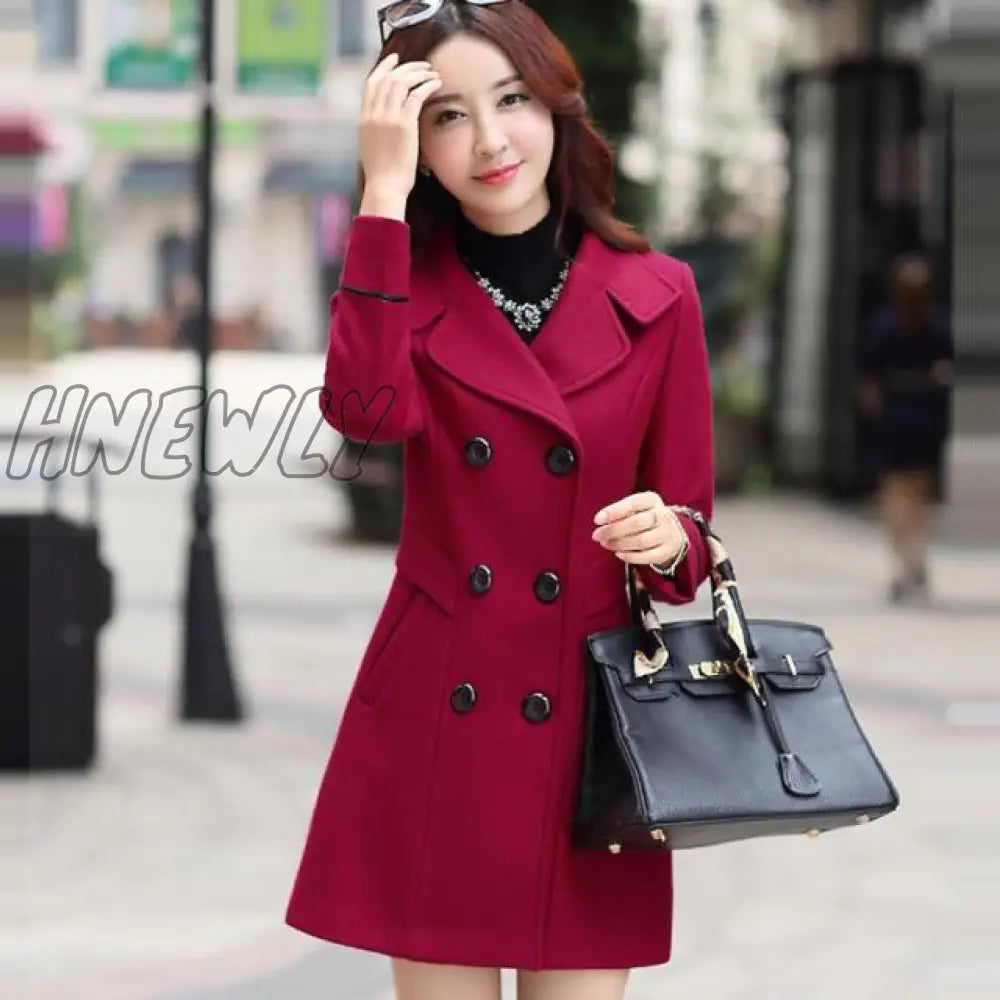 Hnewly Women Wool Blend Warm Long Coat Autumn Winter Plus Size Female Slim Fit Lapel Woolen