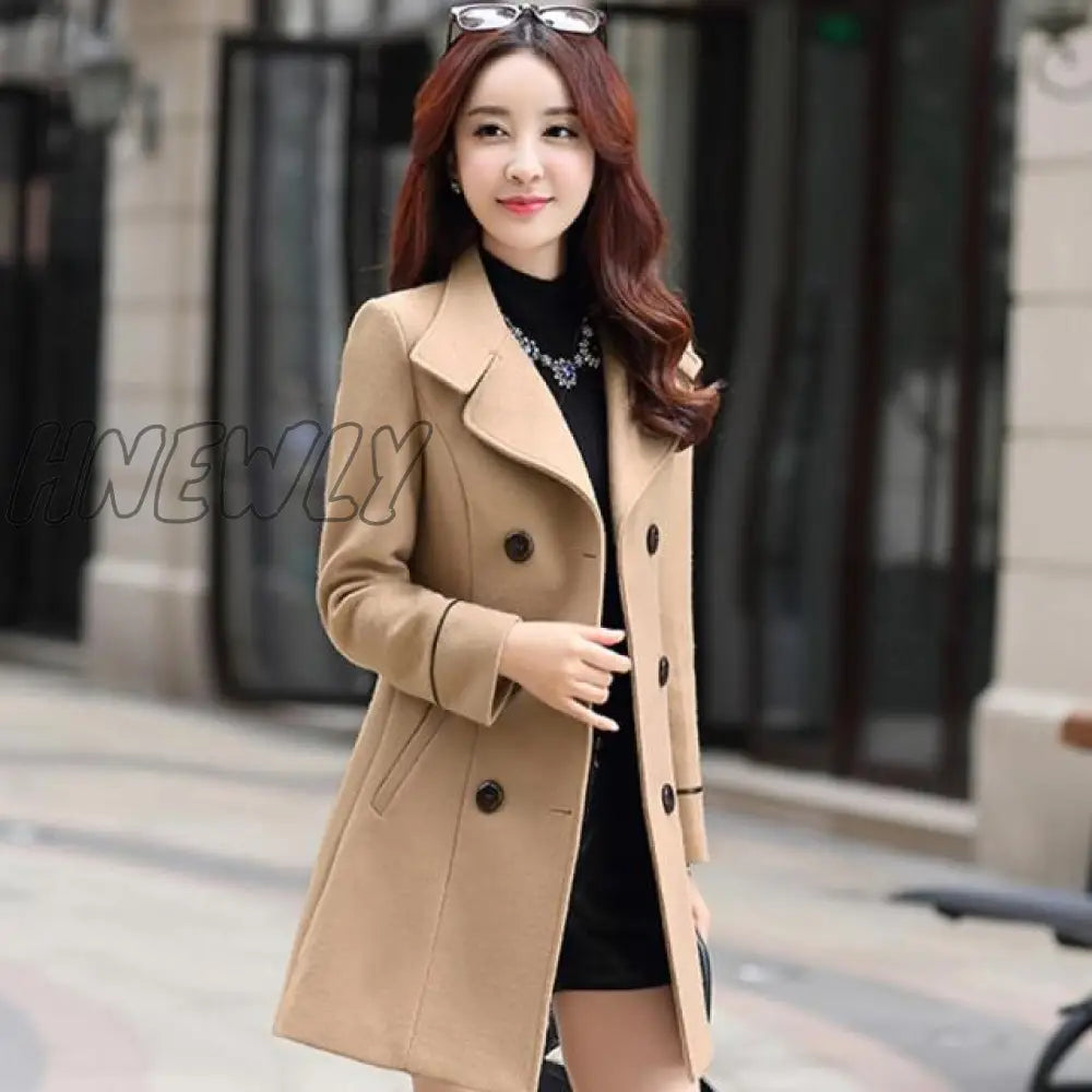 Hnewly Women Wool Blend Warm Long Coat Autumn Winter Plus Size Female Slim Fit Lapel Woolen