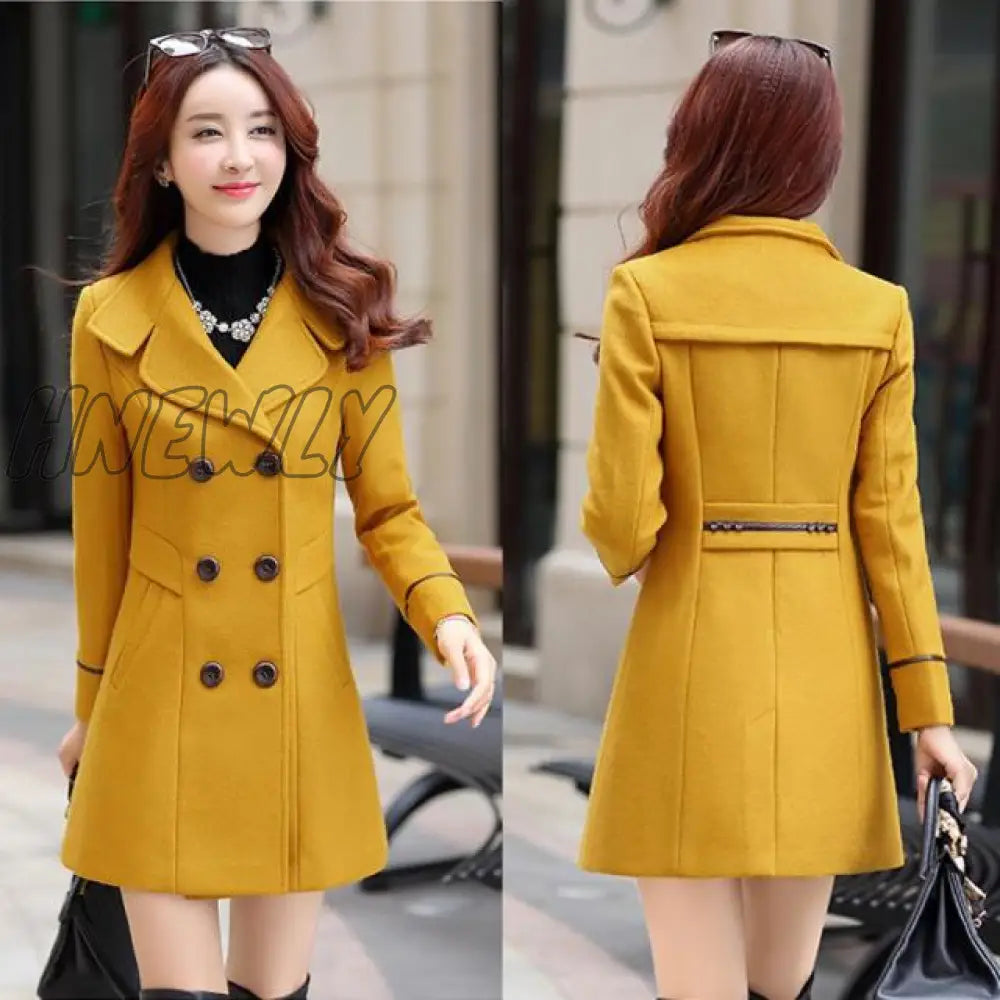 Hnewly Women Wool Blend Warm Long Coat Autumn Winter Plus Size Female Slim Fit Lapel Woolen