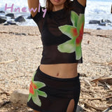 Hnewly Women Y2K 2Pcs Summer Outfits Set Floral Print Sheer Mesh See-Through Short Sleeve T-Shirt +