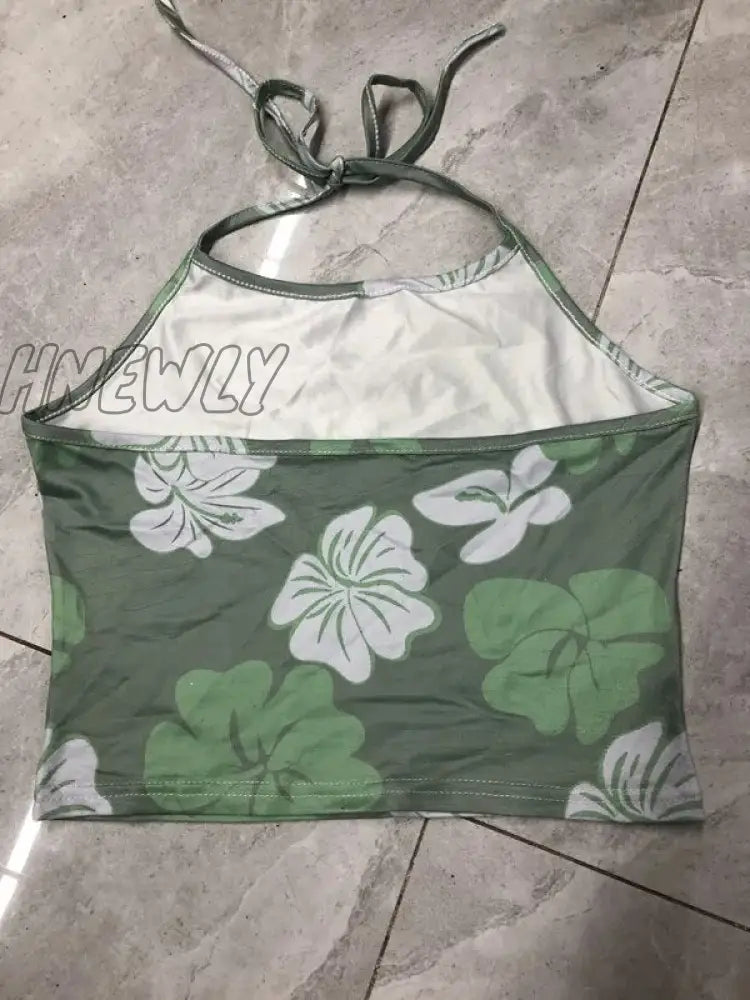 Hnewly Women Y2K Aesthetic Halter Neck Top Kawaii Flower Print Lace Up Backless Crop 90S Vintage