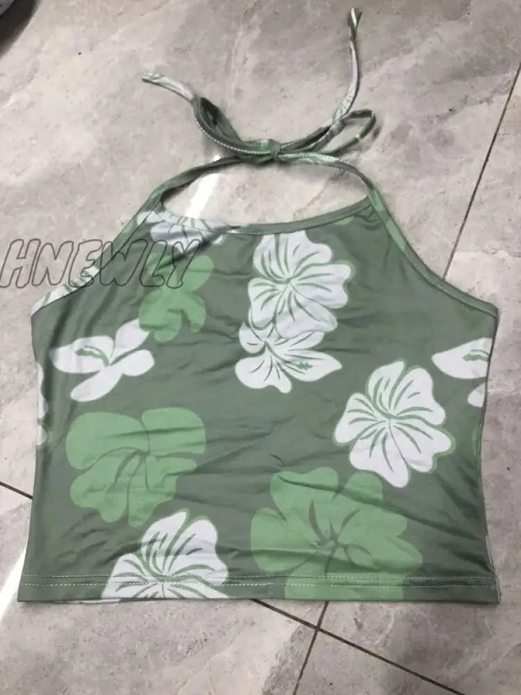 Hnewly Women Y2K Aesthetic Halter Neck Top Kawaii Flower Print Lace Up Backless Crop 90S Vintage
