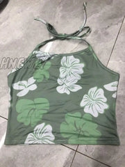 Hnewly Women Y2K Aesthetic Halter Neck Top Kawaii Flower Print Lace Up Backless Crop 90S Vintage