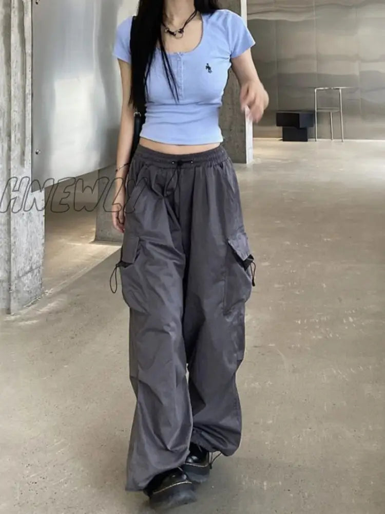 Hnewly Women Y2K Cargo Pants Casual Baggy Straight With Big Pockets Joggers Trousers Female Vintage
