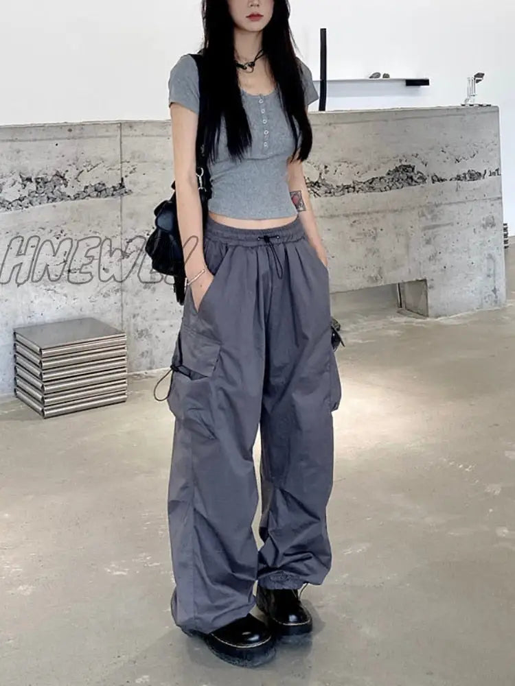 Hnewly Women Y2K Cargo Pants Casual Baggy Straight With Big Pockets Joggers Trousers Female Vintage