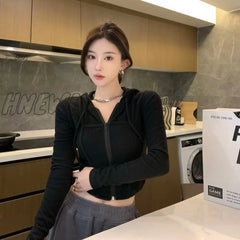 Hnewly Women Zip Up Crop Fitted Hoodie With Curve Hem And Tapes Detail Sweatshirt