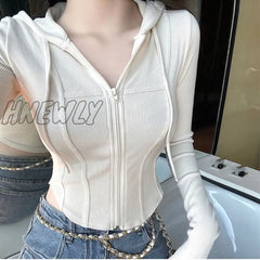 Hnewly Women Zip Up Crop Fitted Hoodie With Curve Hem And Tapes Detail Sweatshirt