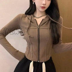 Hnewly Women Zip Up Crop Fitted Hoodie With Curve Hem And Tapes Detail Sweatshirt