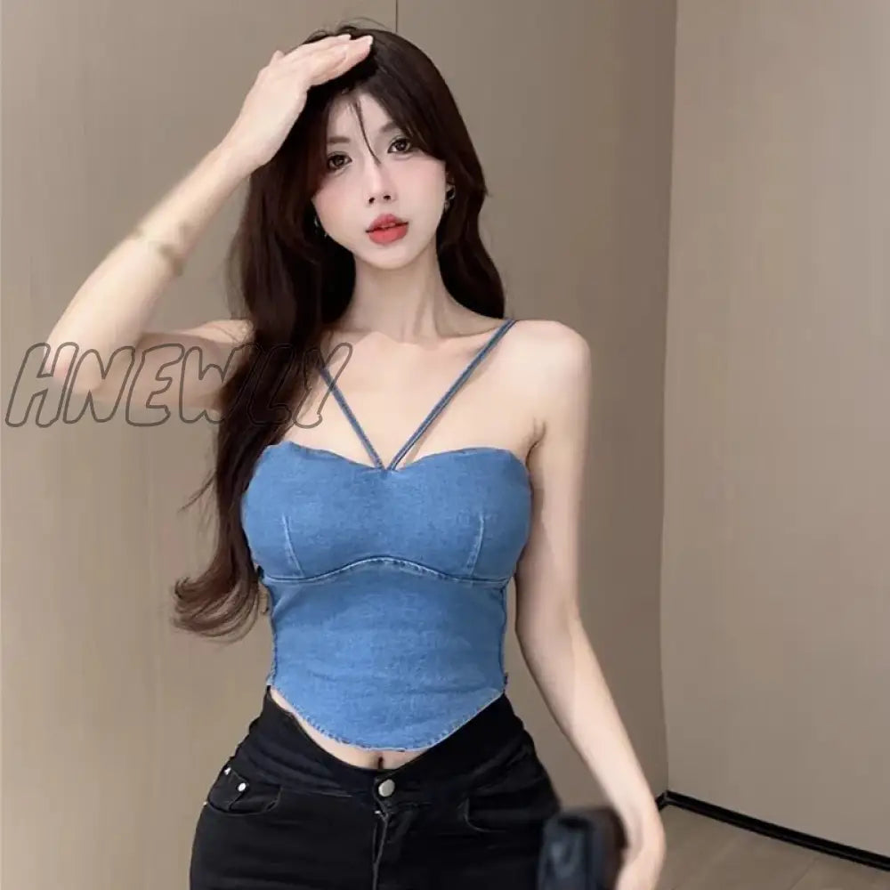 Hnewly Women’s Camisole Slim Sexy Solid Colour Padded Summer Cowboy Tank Top Sky Blue