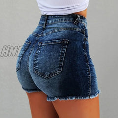 Hnewly Women’s Denim Shorts New Summer Lady Clothing High Waist Jeans Fringe Frayed Ripped Casual