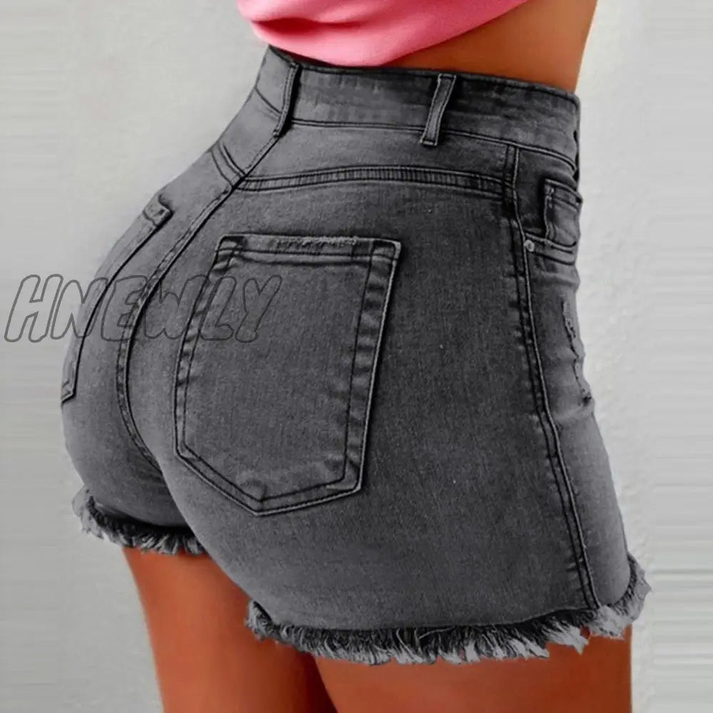 Hnewly Women’s Denim Shorts New Summer Lady Clothing High Waist Jeans Fringe Frayed Ripped Casual