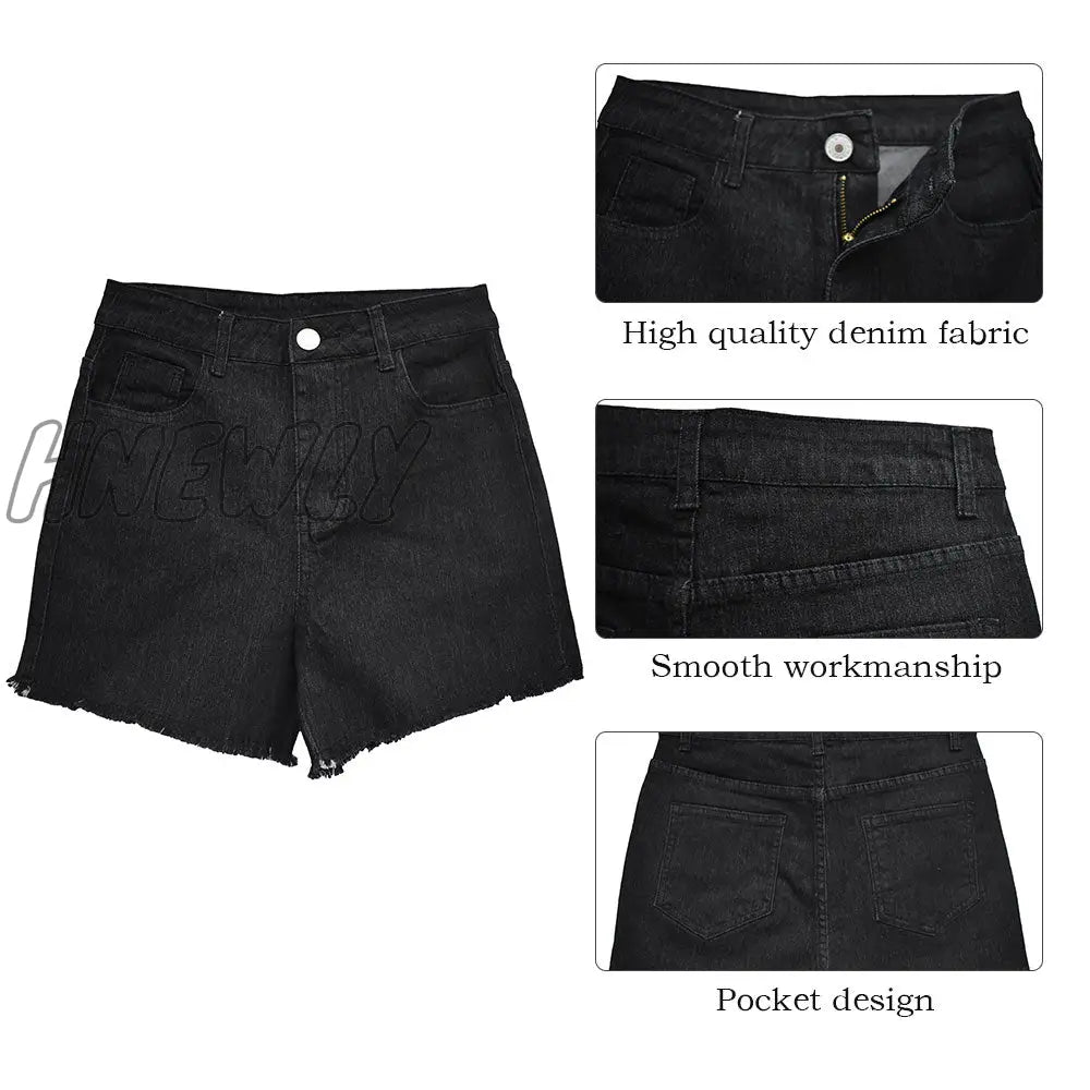 Hnewly Women’s Denim Shorts New Summer Lady Clothing High Waist Jeans Fringe Frayed Ripped Casual