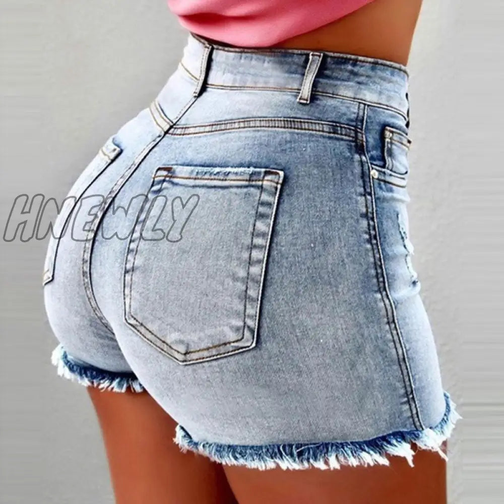 Hnewly Women’s Denim Shorts New Summer Lady Clothing High Waist Jeans Fringe Frayed Ripped Casual