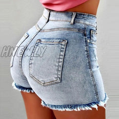 Hnewly Women’s Denim Shorts New Summer Lady Clothing High Waist Jeans Fringe Frayed Ripped Casual