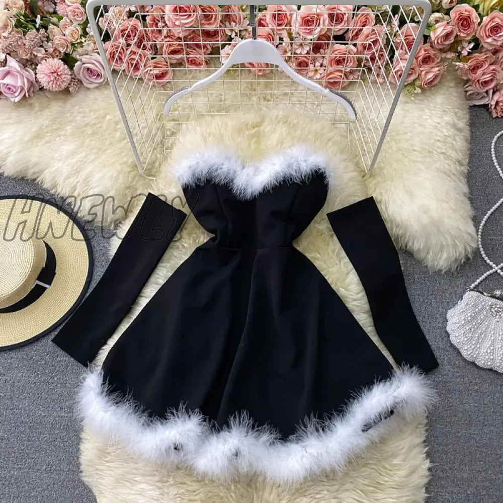 Hnewly Women’s Dress For New Year Vestido Sexy Off Shoulder Furry Strapless Christmas Short Mini