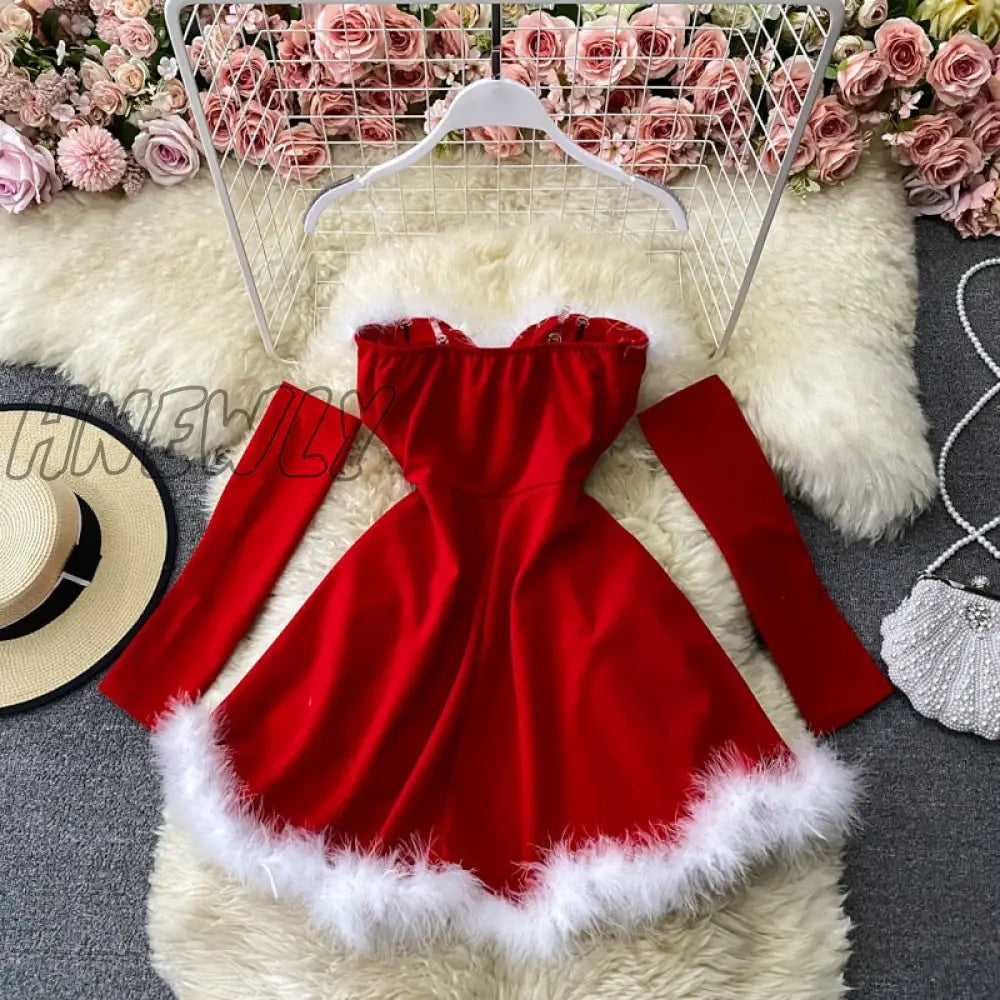 Hnewly Women’s Dress For New Year Vestido Sexy Off Shoulder Furry Strapless Christmas Short Mini