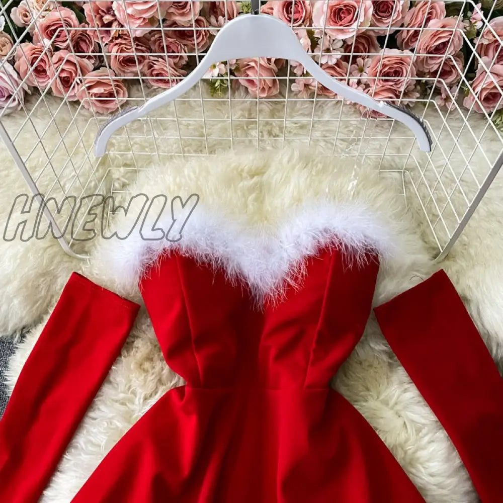 Hnewly Women’s Dress For New Year Vestido Sexy Off Shoulder Furry Strapless Christmas Short Mini