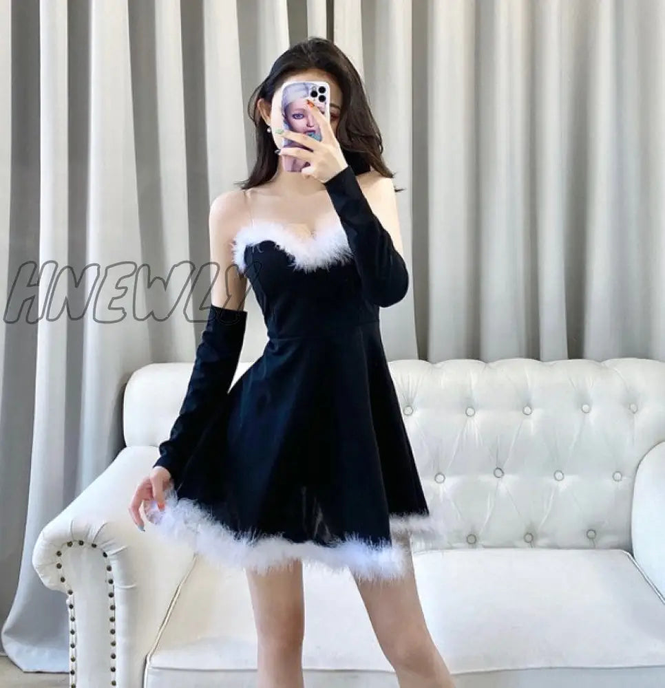 Hnewly Women’s Dress For New Year Vestido Sexy Off Shoulder Furry Strapless Christmas Short Mini