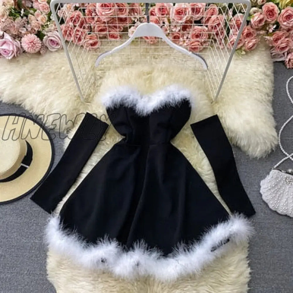 Hnewly Women’s Dress For New Year Vestido Sexy Off Shoulder Furry Strapless Christmas Short Mini