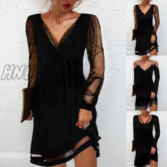 Hnewly Women’s Dress Sexy Lace Mesh Patchwork Long Sleeve Solid Elegant Party Dresses Fashion