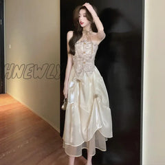 Hnewly Women’s Dress Y2K A-Line Skirt Hanging Neck Sexy Chiffon Pleated Fishtail Short Imitation