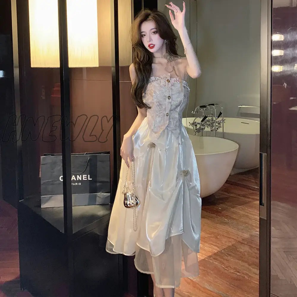 Hnewly Women’s Dress Y2K A-Line Skirt Hanging Neck Sexy Chiffon Pleated Fishtail Short Imitation