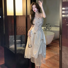 Hnewly Women’s Dress Y2K A-Line Skirt Hanging Neck Sexy Chiffon Pleated Fishtail Short Imitation