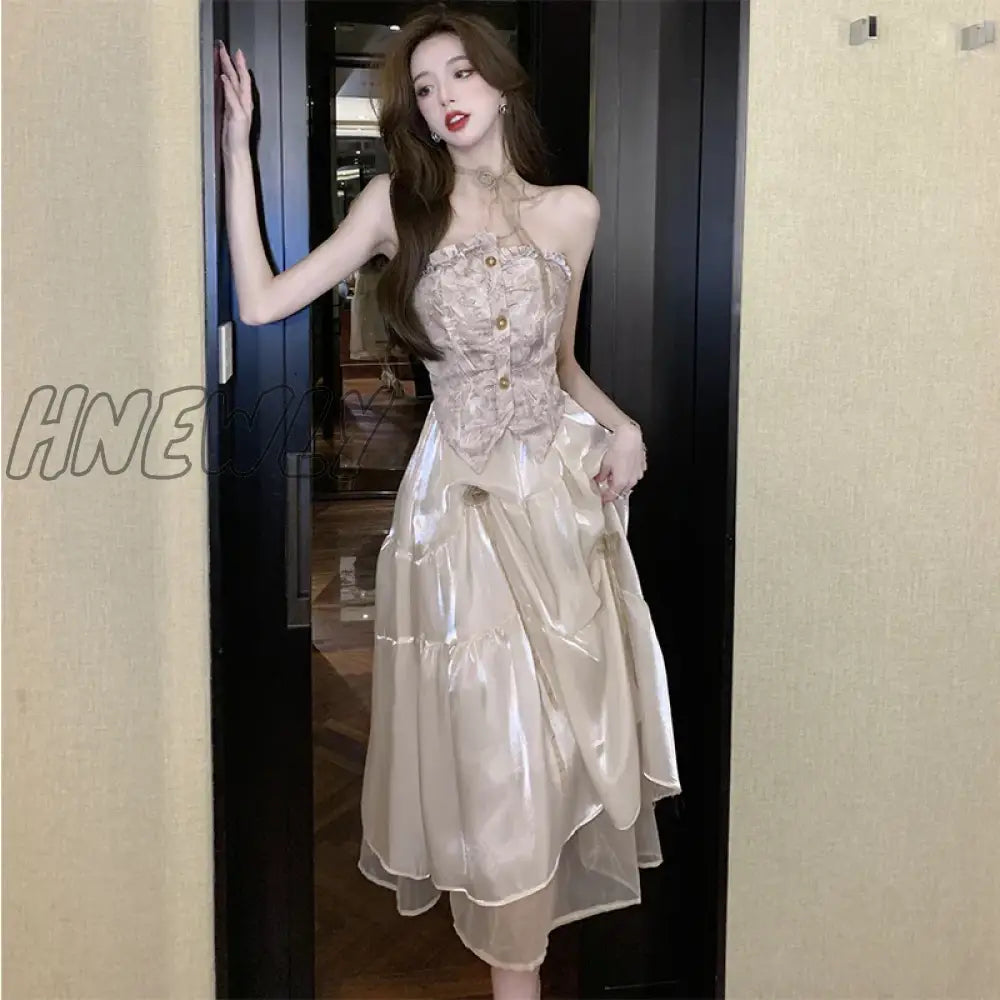 Hnewly Women’s Dress Y2K A-Line Skirt Hanging Neck Sexy Chiffon Pleated Fishtail Short Imitation