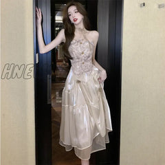 Hnewly Women’s Dress Y2K A-Line Skirt Hanging Neck Sexy Chiffon Pleated Fishtail Short Imitation